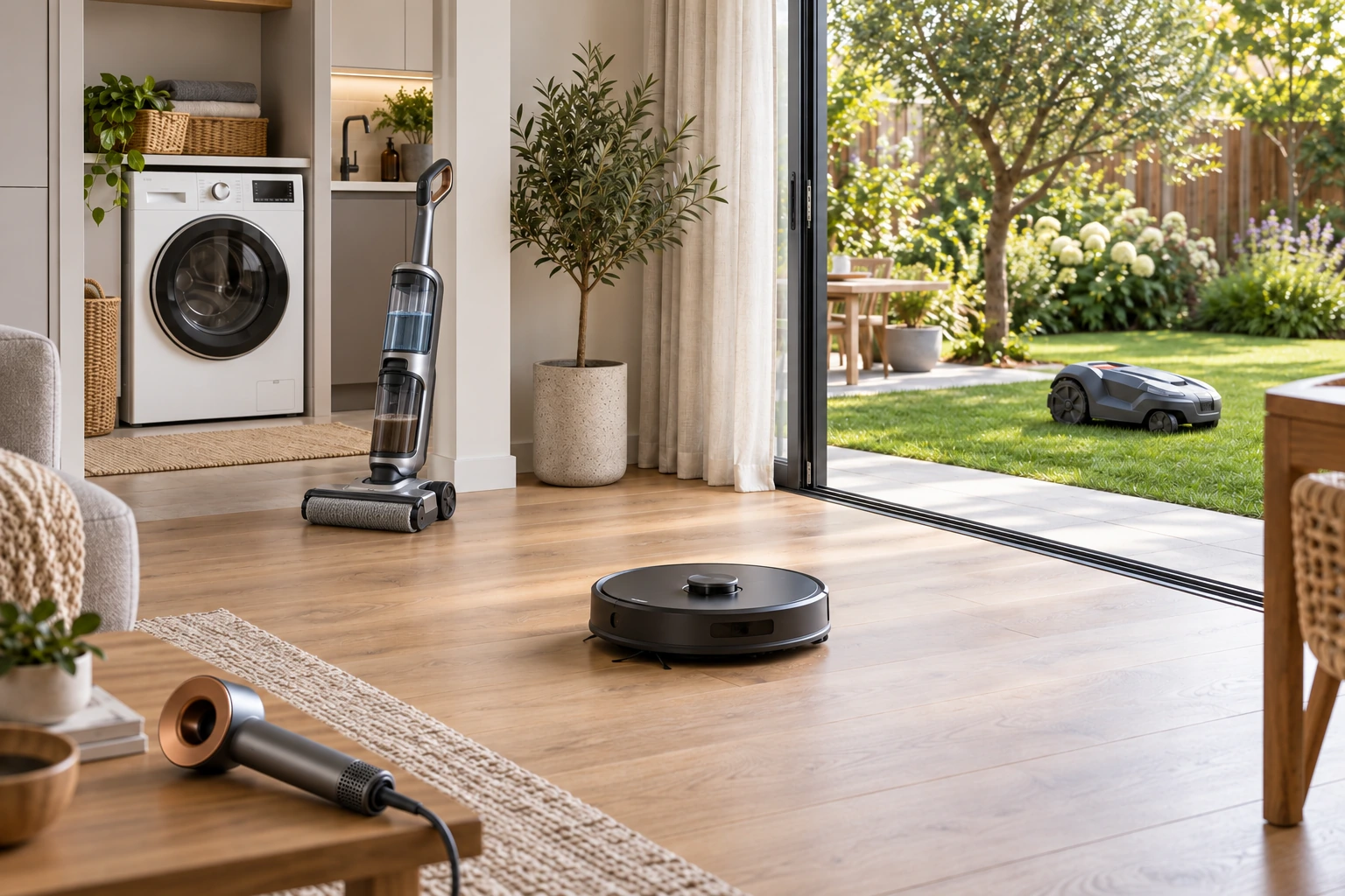 Household-appliance illustration with a washing machine, floor washer and robot cleaner in a home environment