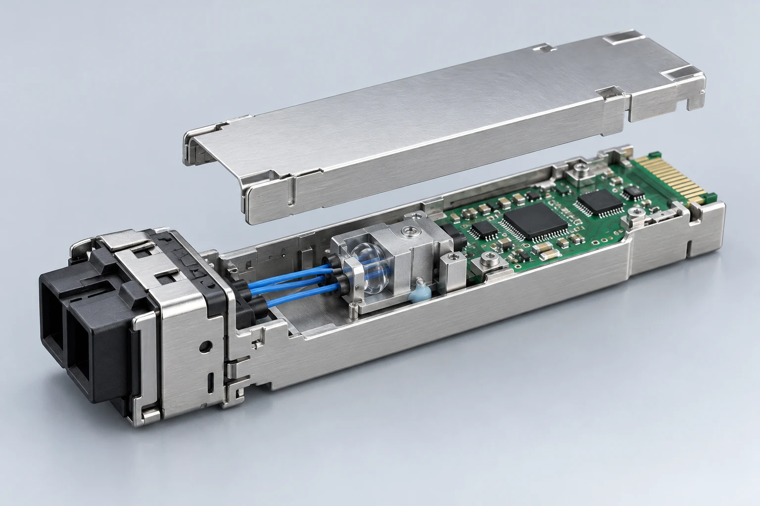 Application illustration of fiber and optical-component fixation with electronic boards