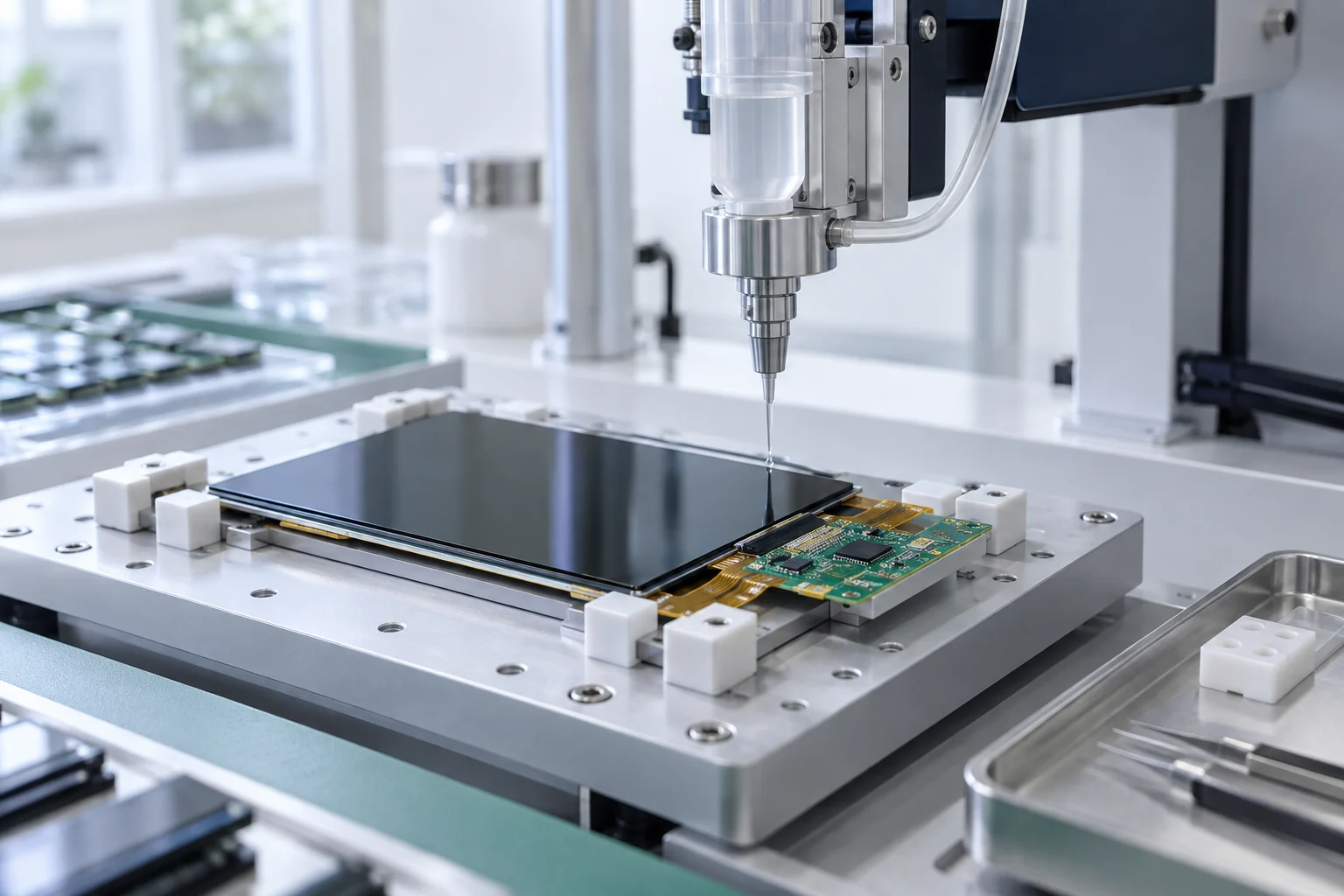 Application illustration of precision dispensing for electronic assemblies