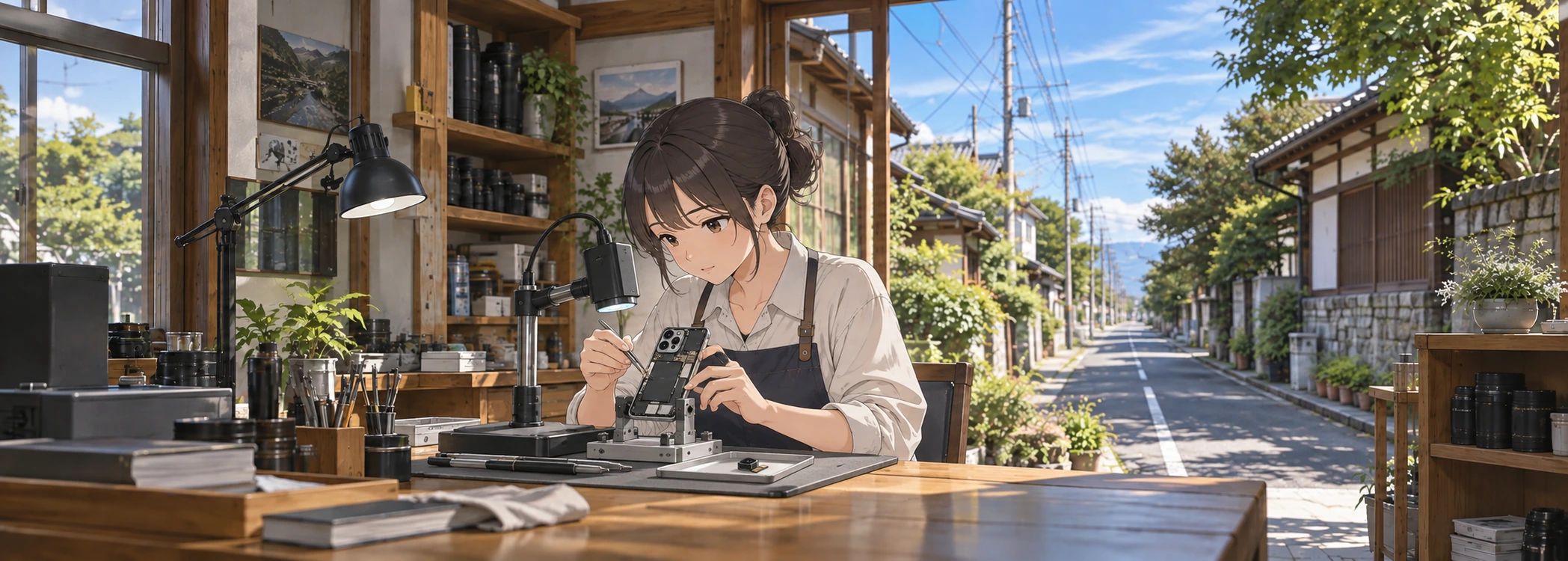 Application illustration of an anime-style technician inspecting smartphone camera modules against a photographic-looking Japanese street