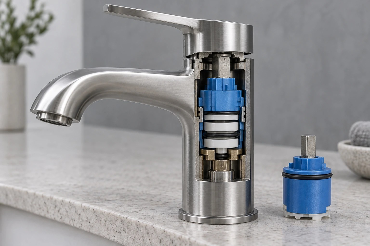 Illustrative cutaway of a ceramic cartridge and seals inside a basin faucet