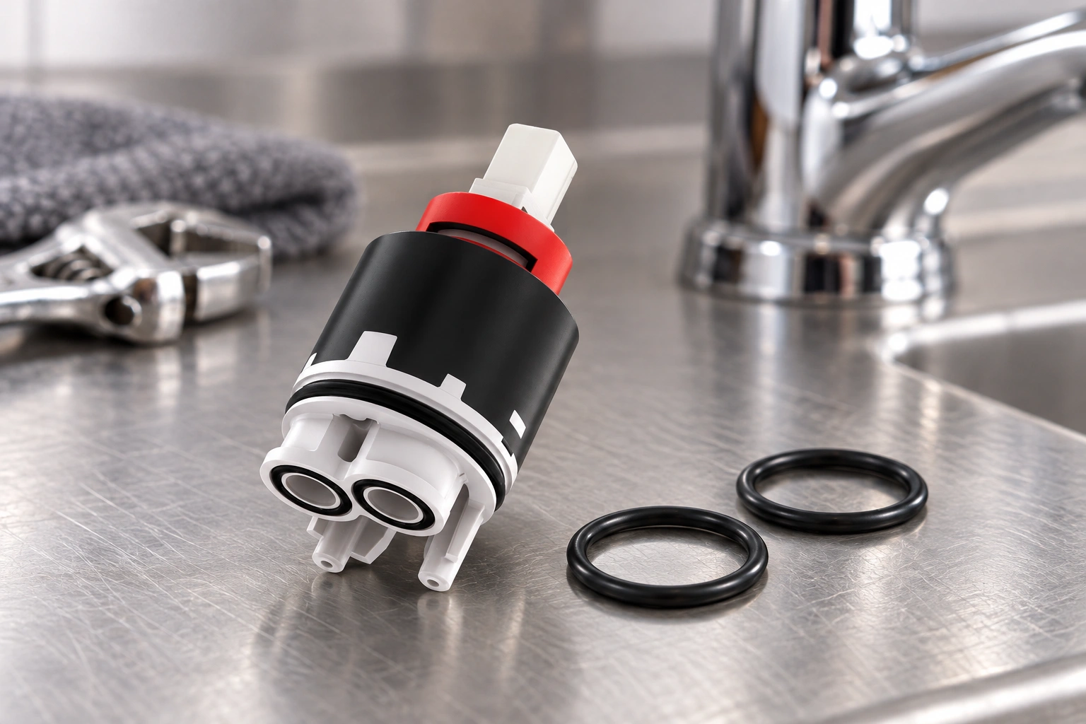 Edited application illustration of a ceramic faucet cartridge and rubber O-rings, guided by a real cartridge