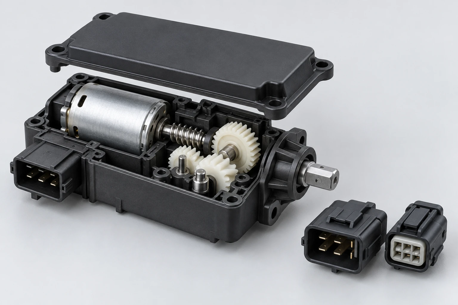 Original application illustration of a compact automotive actuator and electrical connectors