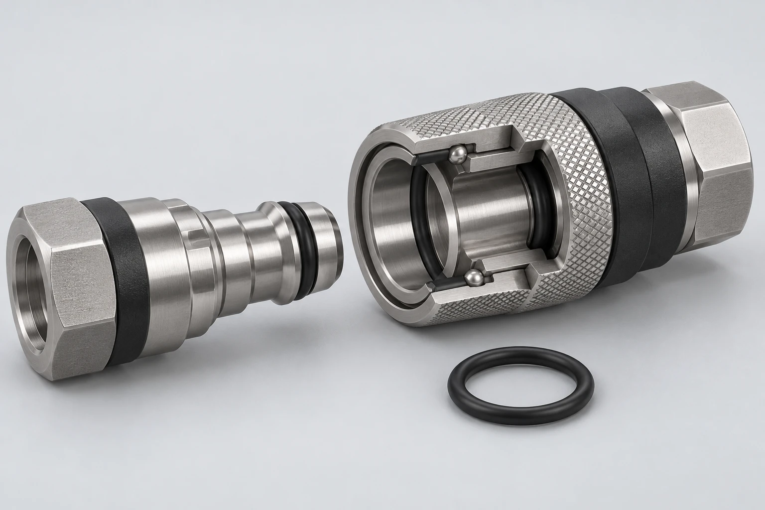 Original cutaway application illustration of generic quick-connector mating and seal interfaces