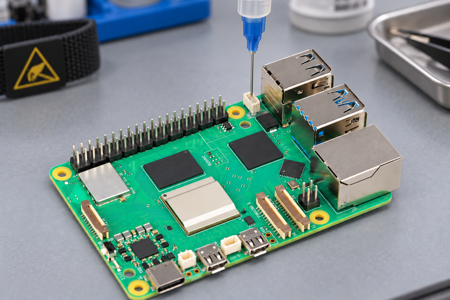 Workbench application illustration of precision dispensing at a board connector