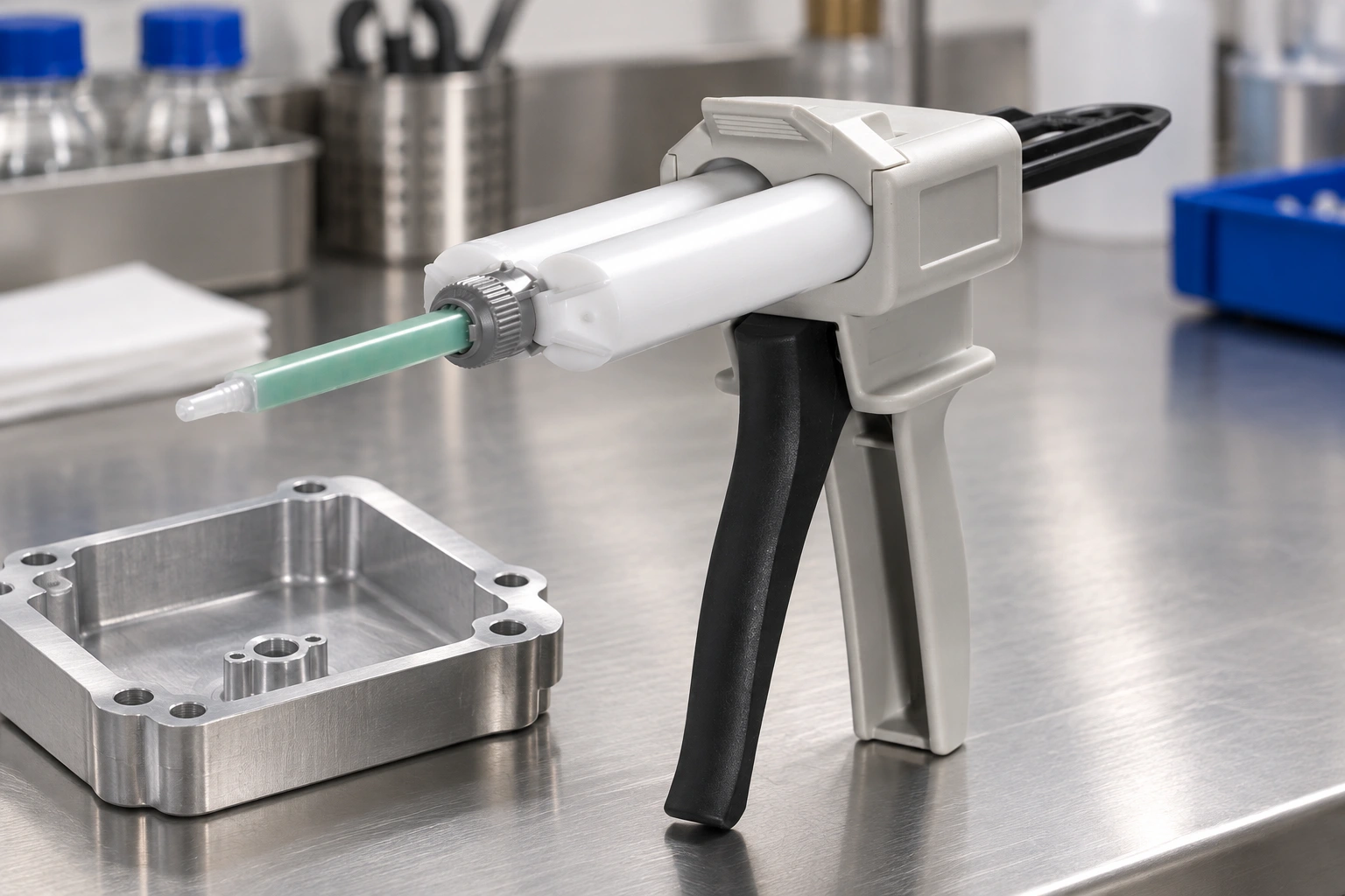Edited application illustration of a two-part cartridge gun with a straight static mixer beside a housing flange